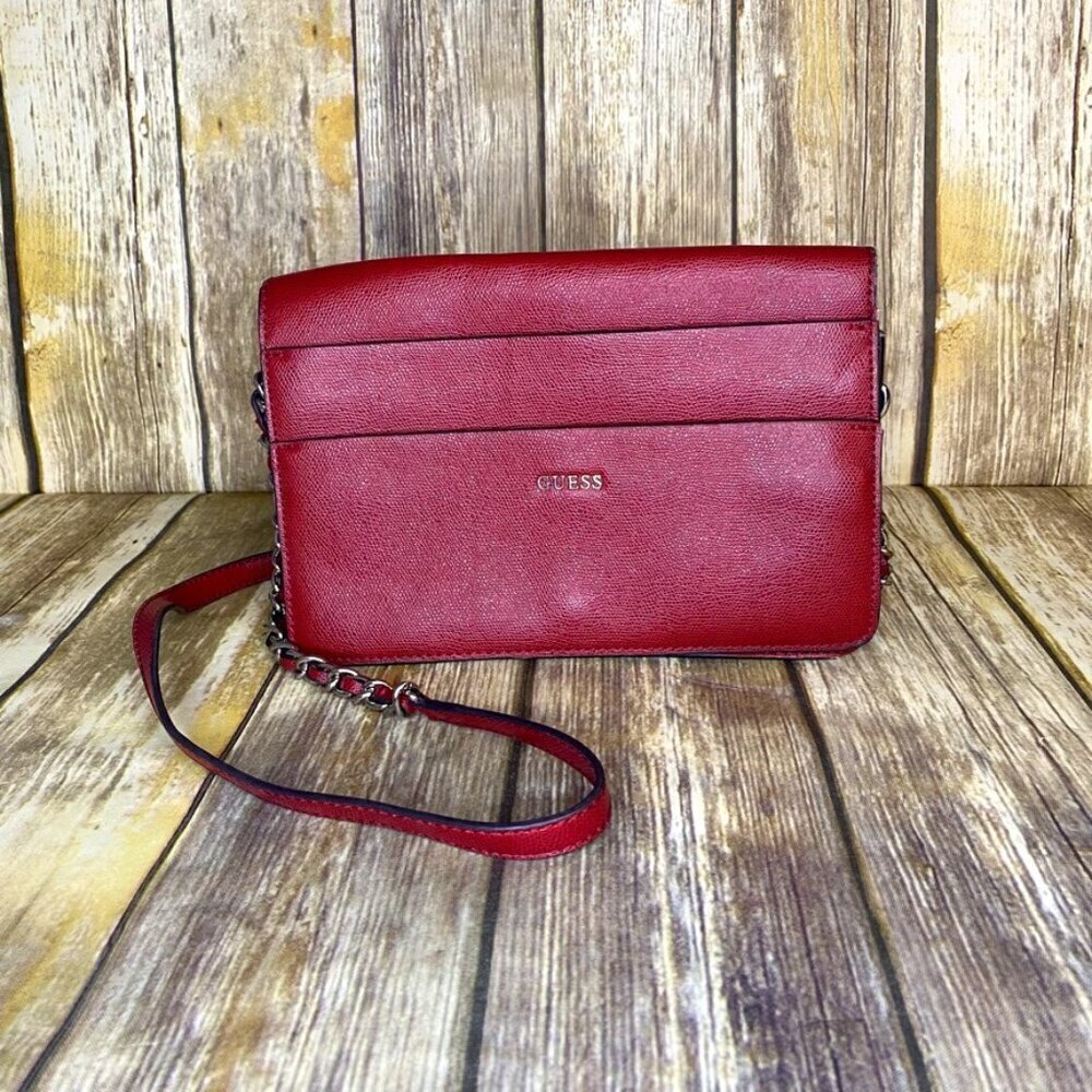 GUESS Burgundy Crossbody with Chain‎ Detail Strap, used w/ minor flaws on edges